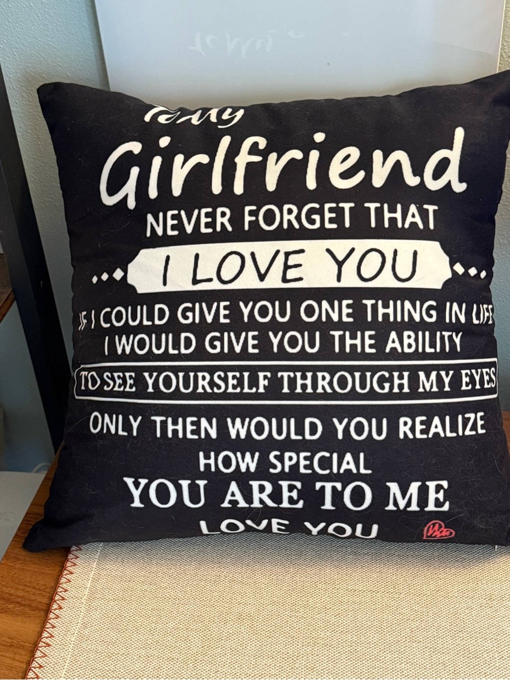 Black 'My Girlfriend I Love You' Sentimental Accent Pillow 12x12 Removable Cover